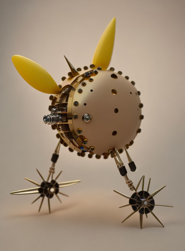 Whimsical robotic creature with round body and spiky wheels