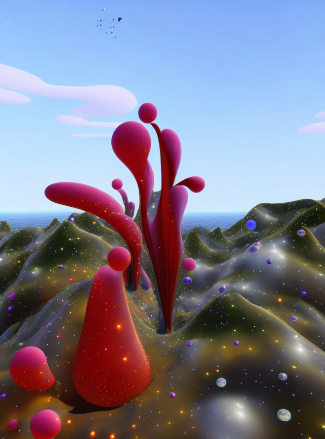 Sparkling hills and red organic shapes in surreal landscape