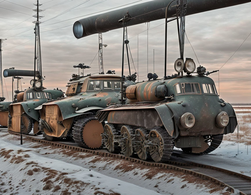 Armored Military Train with Heavy Weaponry and Antennas in Camouflaged Paint