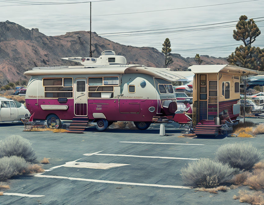 Vintage pink and white RV on small wooden deck in desert lot