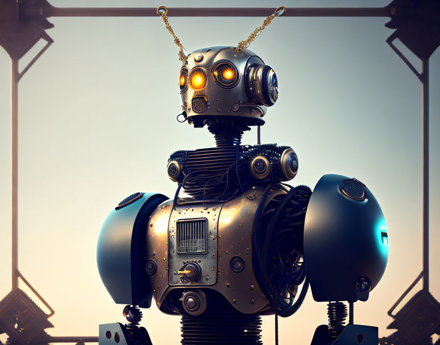 Stylized robot with gold chain necklace on warm-toned backdrop