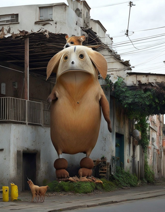 Surreal creature with snout in urban street with small dog