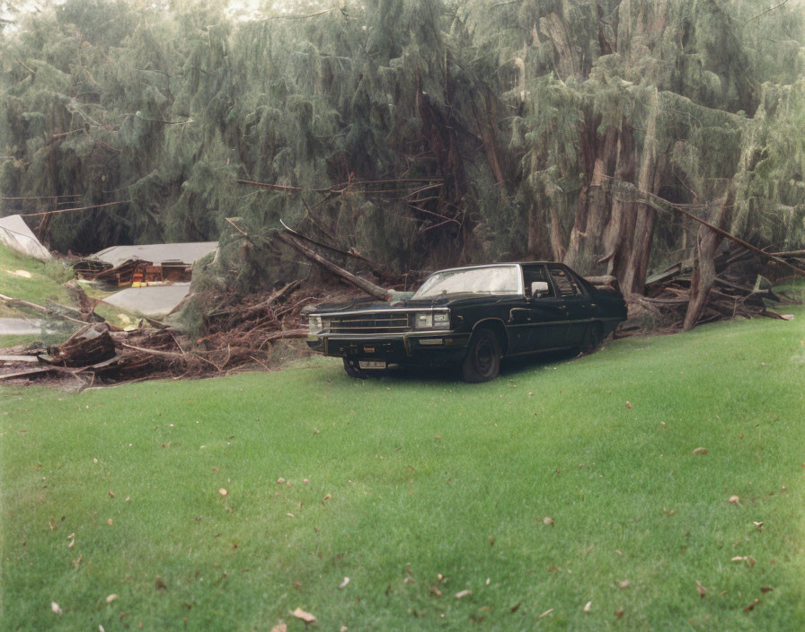 Black Car Parked on Grass Near Storm-Damaged Area