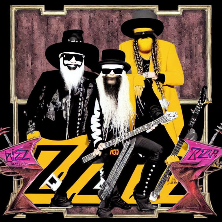 Three musicians in long beards and sunglasses, wearing hats and black and yellow outfits, posing with guitars