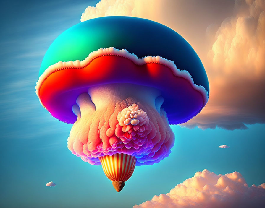 Vibrant jellyfish hot air balloon in surreal sky