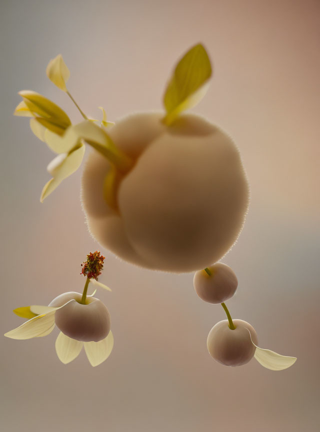 Surreal floating apple-like fruits with flower petal wings on gradient background