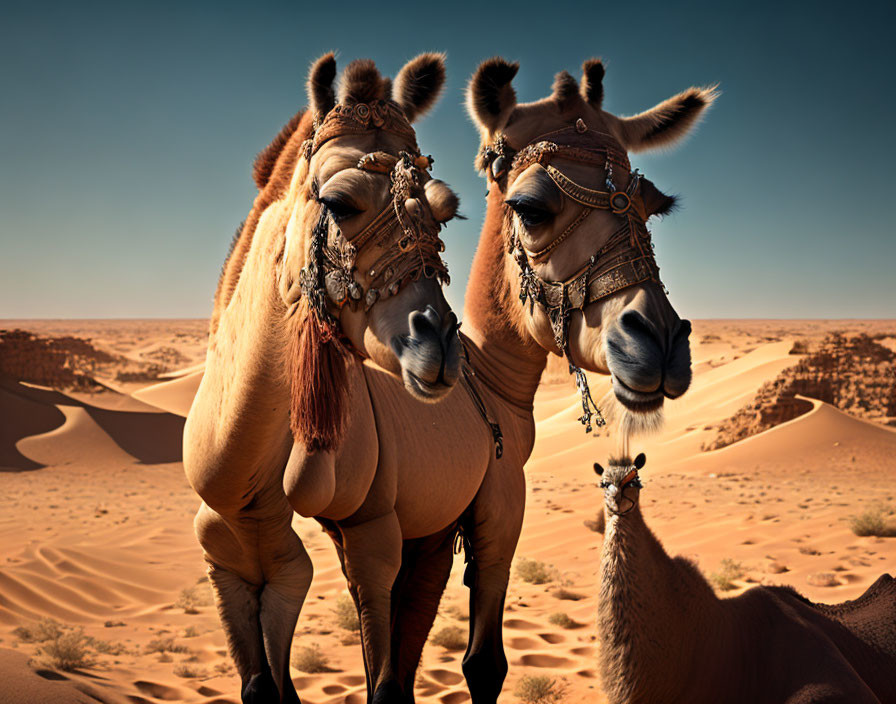 Ornate Decorated Camels in Desert Landscape