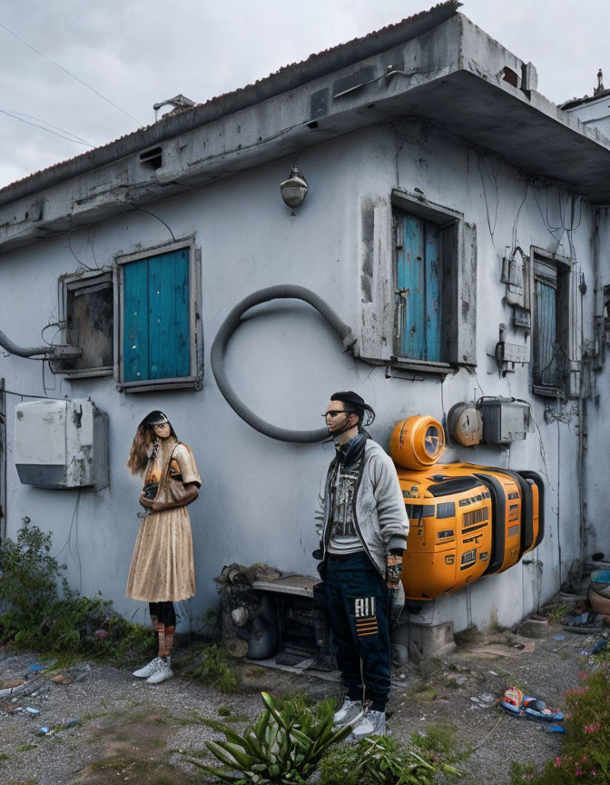 Two individuals in astronaut-themed outfits by vintage house with blue shutters and orange space capsule tank