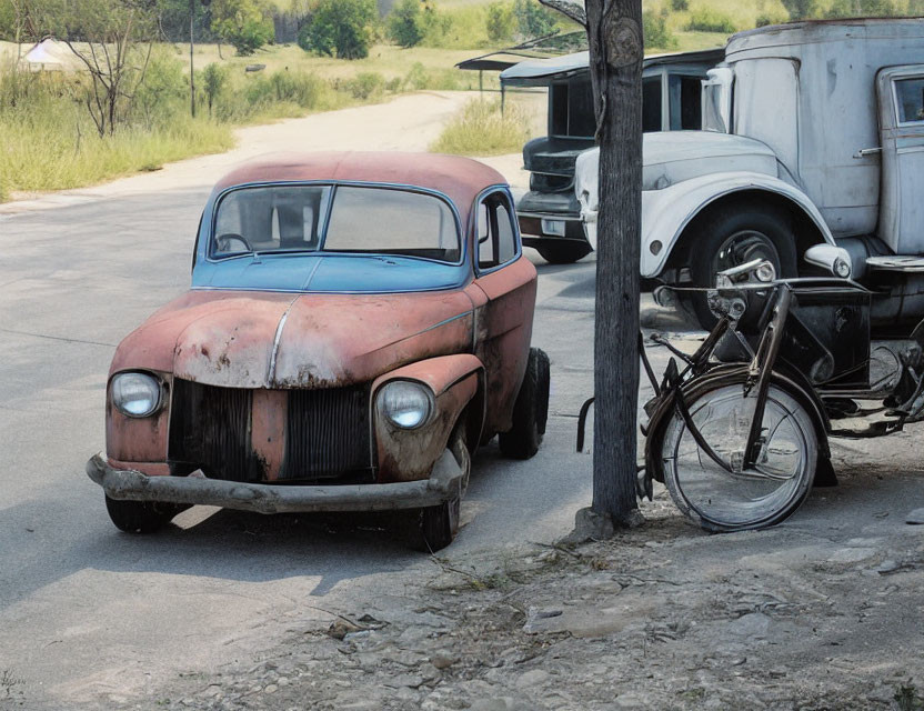 Vintage red and white cars with bicycle in nature scene