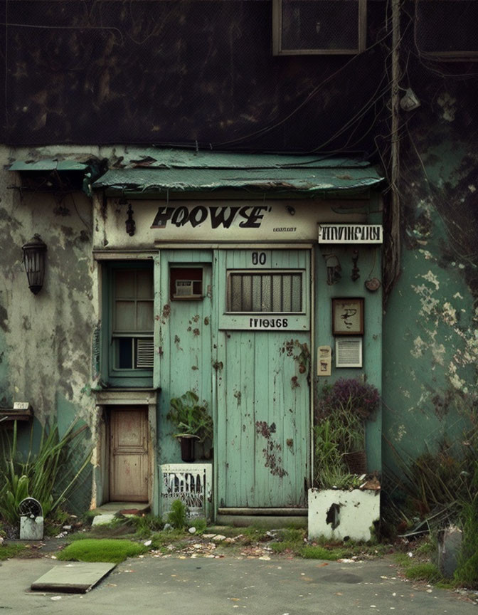 Weathered façade with turquoise door, faded walls, mailbox, and 'HOUSE' sign.