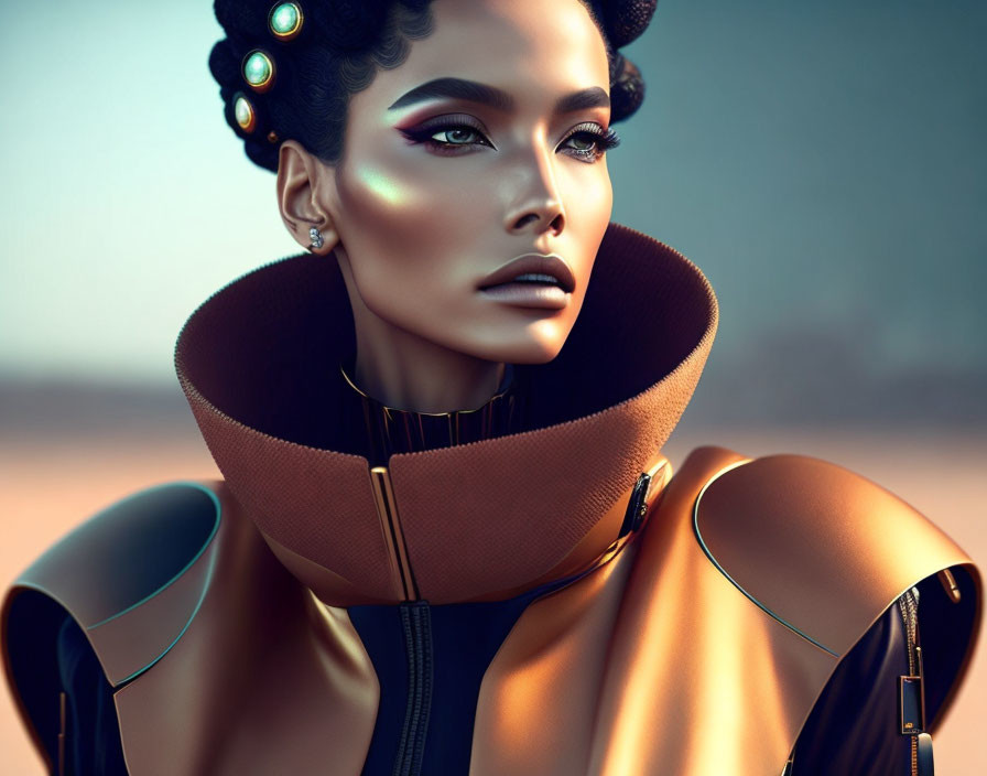 Digital portrait of a woman with futuristic fashion and striking makeup