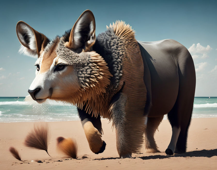 Hybrid animal with fennec fox head and rhinoceros body on sandy beach