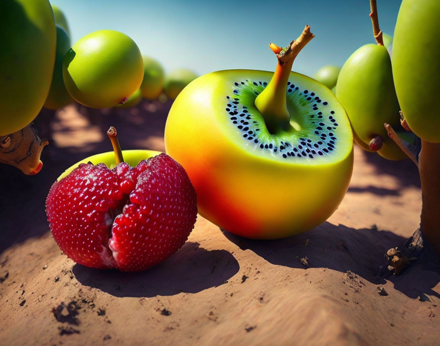 Surreal fruit hybrids: strawberry shaped like an apple, kiwi the size of an orange.