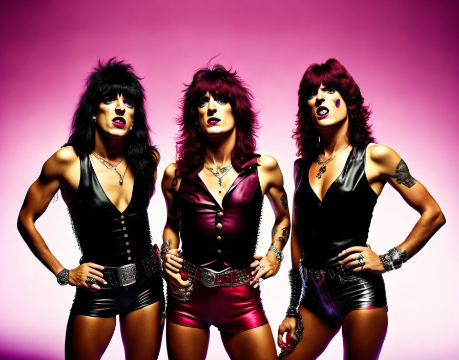 Three individuals in dramatic makeup and 80s glam rock fashion on vibrant pink background