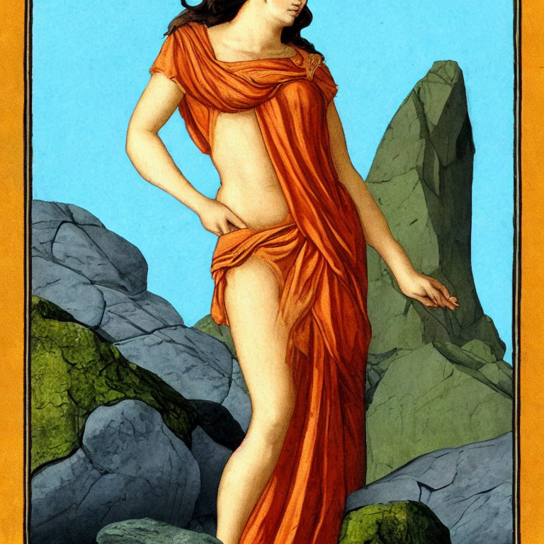 Classical female figure in orange robe against serene backdrop