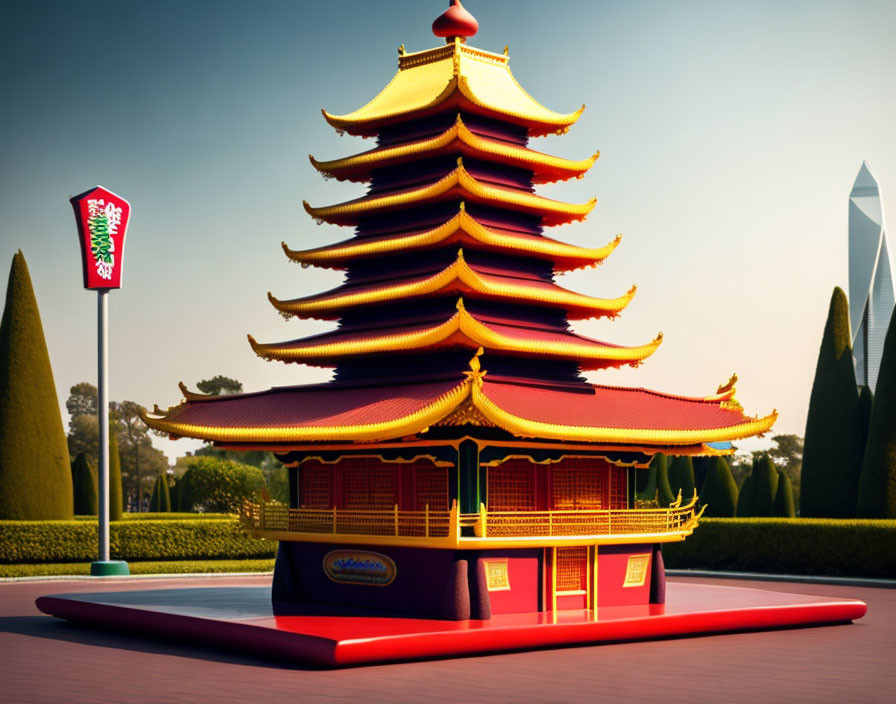 Golden-roofed multi-tiered pagoda in serene setting.