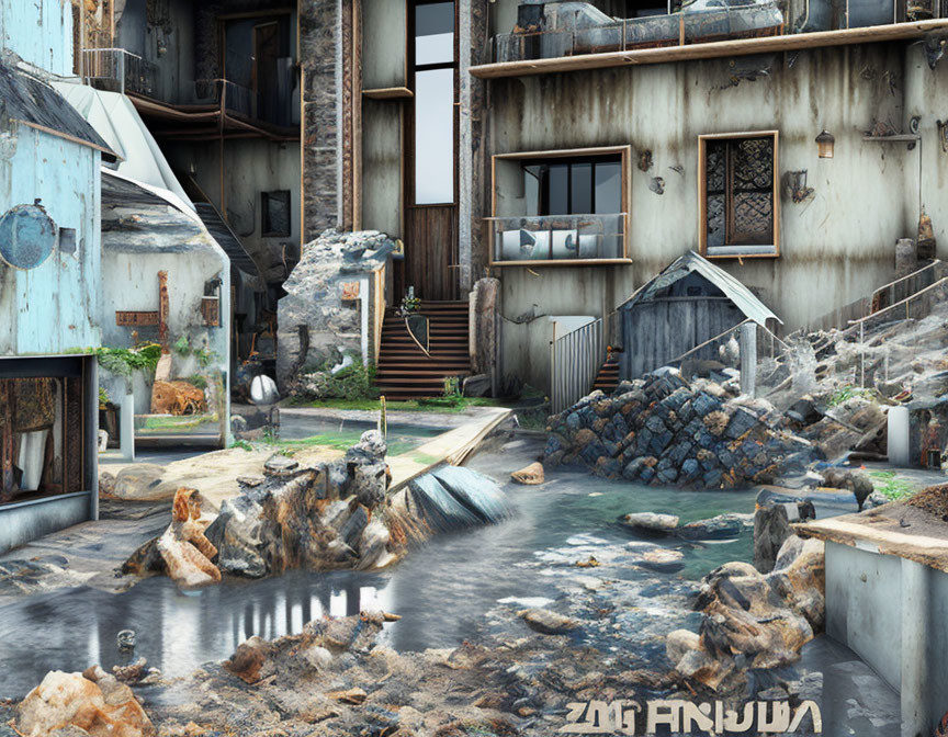 Abandoned multistory buildings near serene hot spring with rocks and greenery under cloudy sky