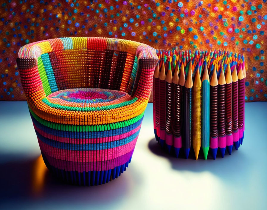 Colorful Artwork: Bowl and Cup Made from Multicolored Pencils