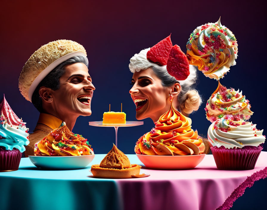 Stylized people in dessert headpieces laughing with cupcakes and cake on table.