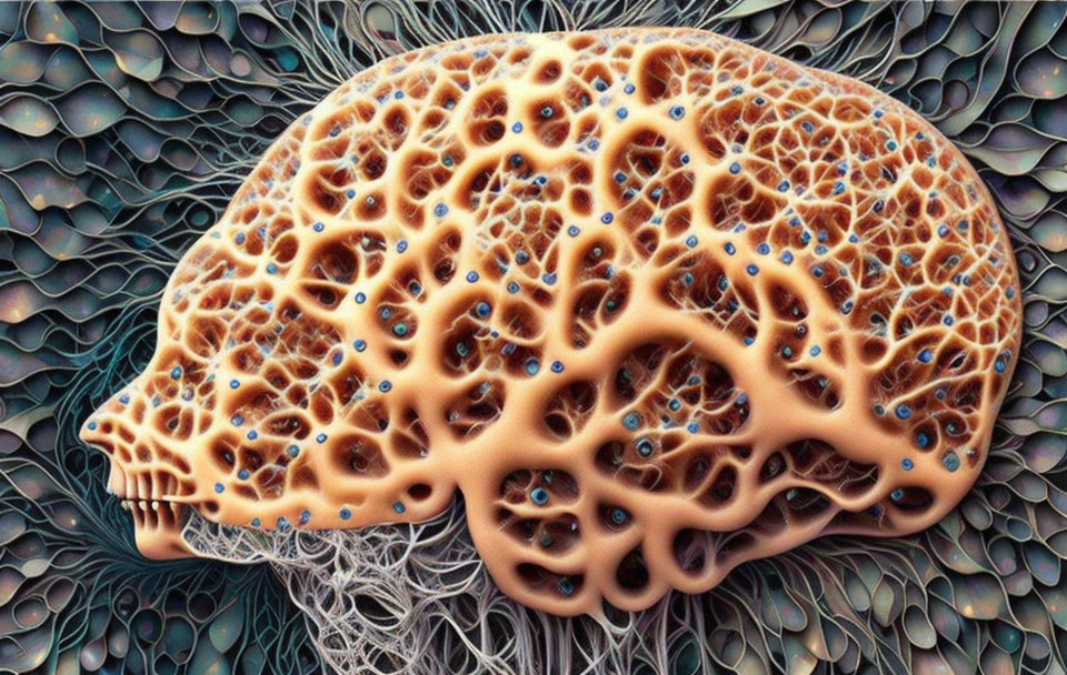 Human brain with sponge-like texture in warm tones on patterned background