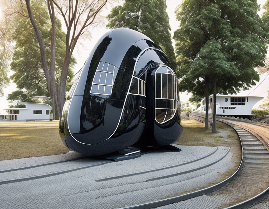 Futuristic black pod on rails in scenic park with trees and modern house