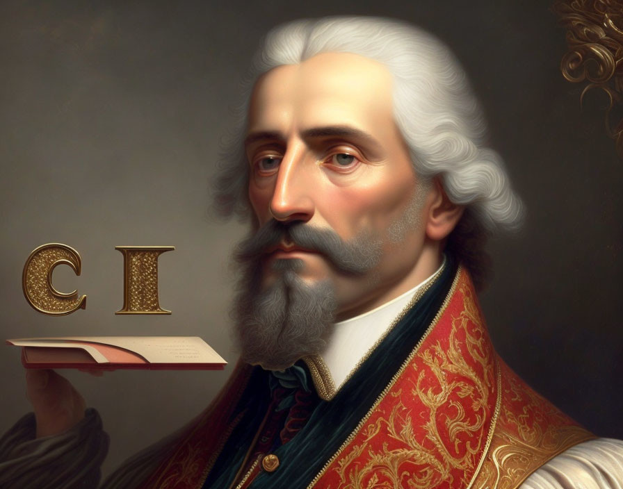 Historical male figure digital portrait in red and gold robe with white hair and beard