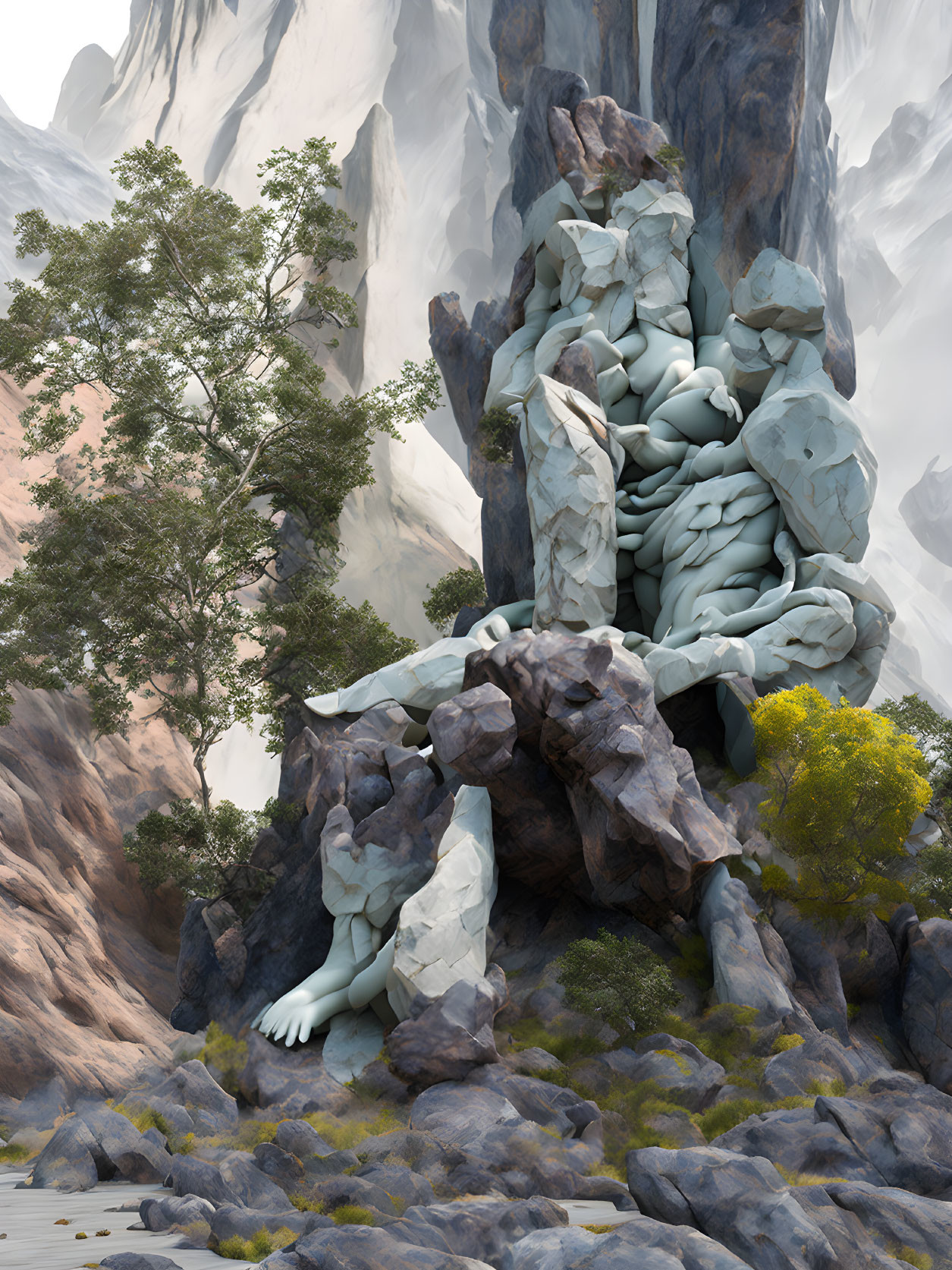 Digital artwork: Colossal stone hand in rocky terrain with lush green trees and mountains