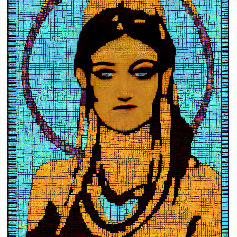 Pixelated portrait of figure with blue halo, dark hair, headpiece, and necklaces.