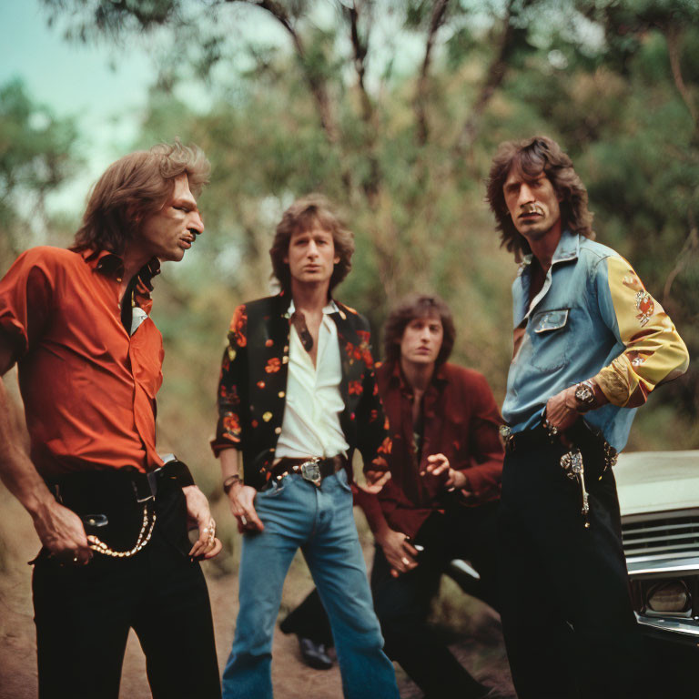 Four Men in Stylish 70s Attire Posed by Car in Natural Setting