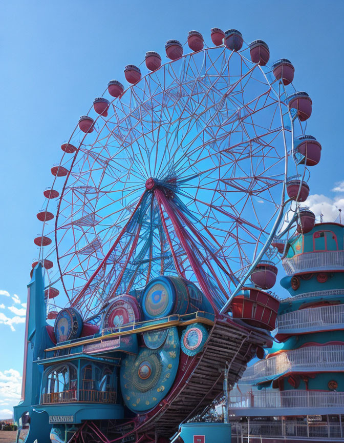 Colorful Ferris Wheel and Ornate Turquoise Building Against Blue Sky