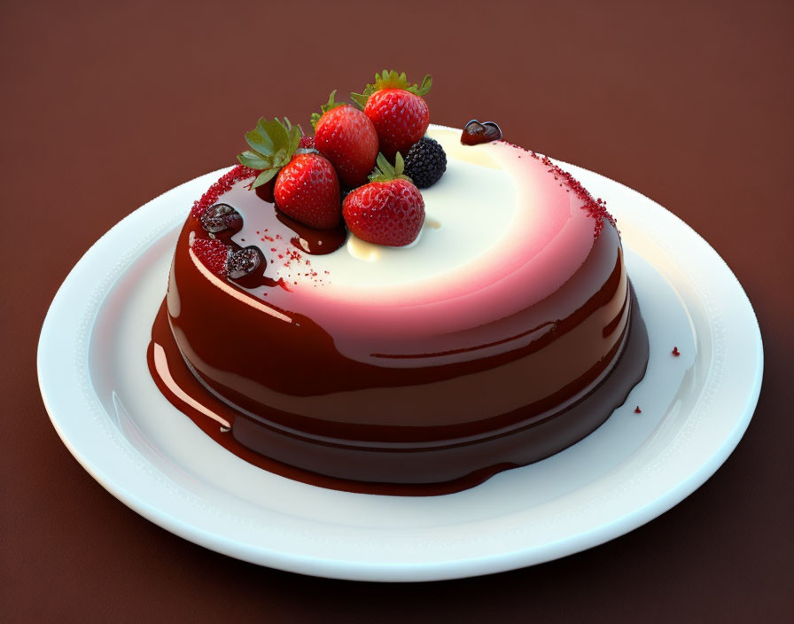 Two-tiered panna cotta dessert with berries and chocolate sauce on white plate