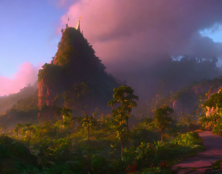 Mystical jungle scene with towering mountain peak and exotic flora