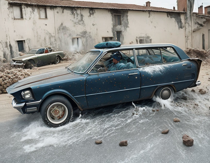 Vintage blue station wagon with surfboard driving through water and rocks in urban scene