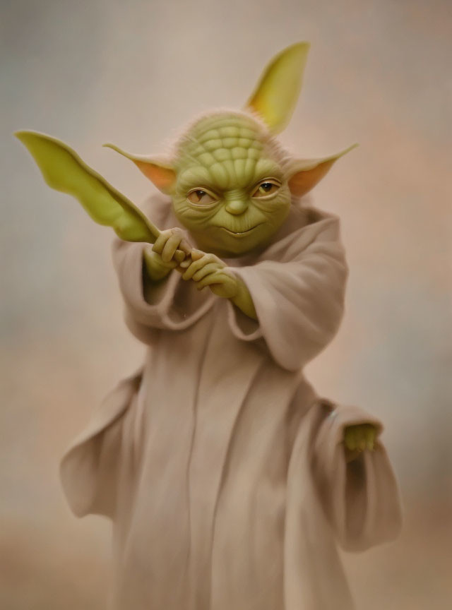 Green-eared Yoda digital illustration with wise eyes, cane, and beige robe