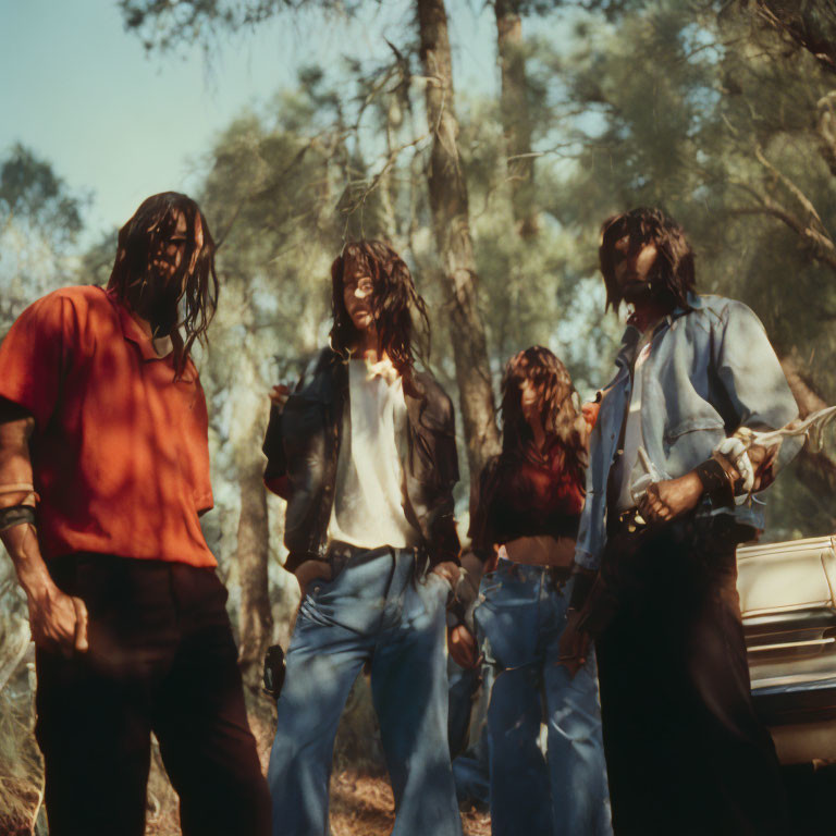 Four individuals with dreadlocks in a forest, dressed in denim and earthy tones