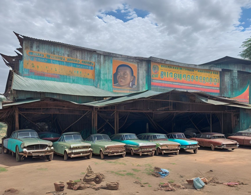 Rusting Cars Parked Under Shelter with Weathered Signs