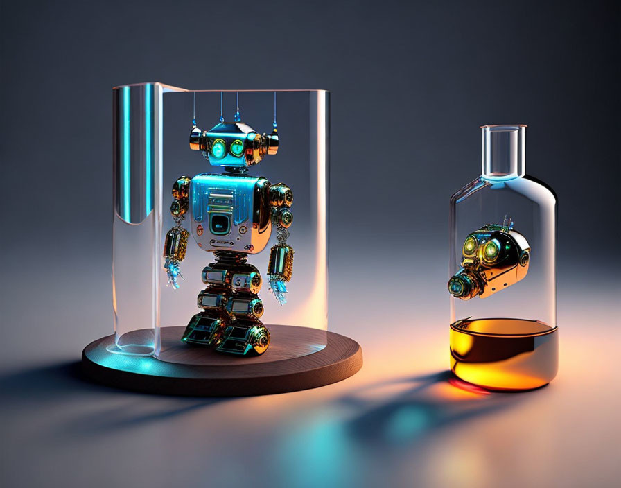 Detailed futuristic robot in clear case with amber liquid bottle on gradient background