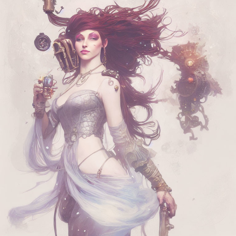 Fantasy female character with red hair, corset, and mechanical arm in whimsical setting