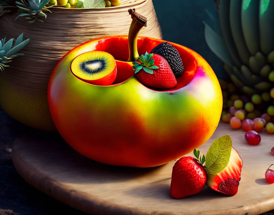 Vivid surreal apple with kiwi center and strawberry accent in hyper-realistic style