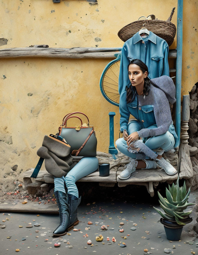 Woman in denim outfit with fashion items by wall