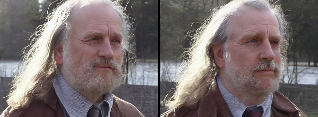 Elderly man with long gray hair and beard in brown jacket portrait outdoors