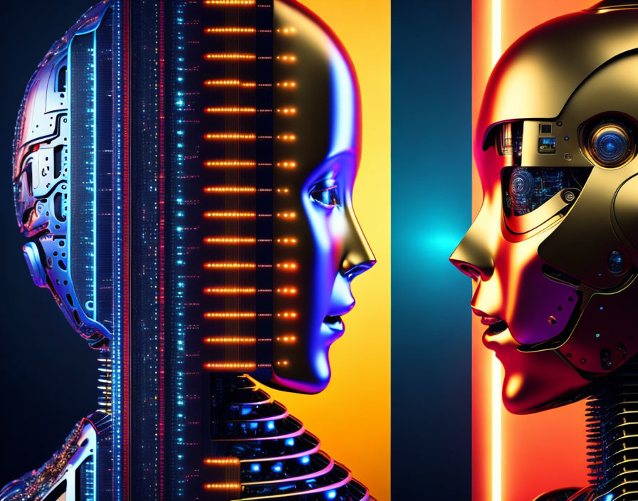 Futuristic robotic heads on split blue and orange background