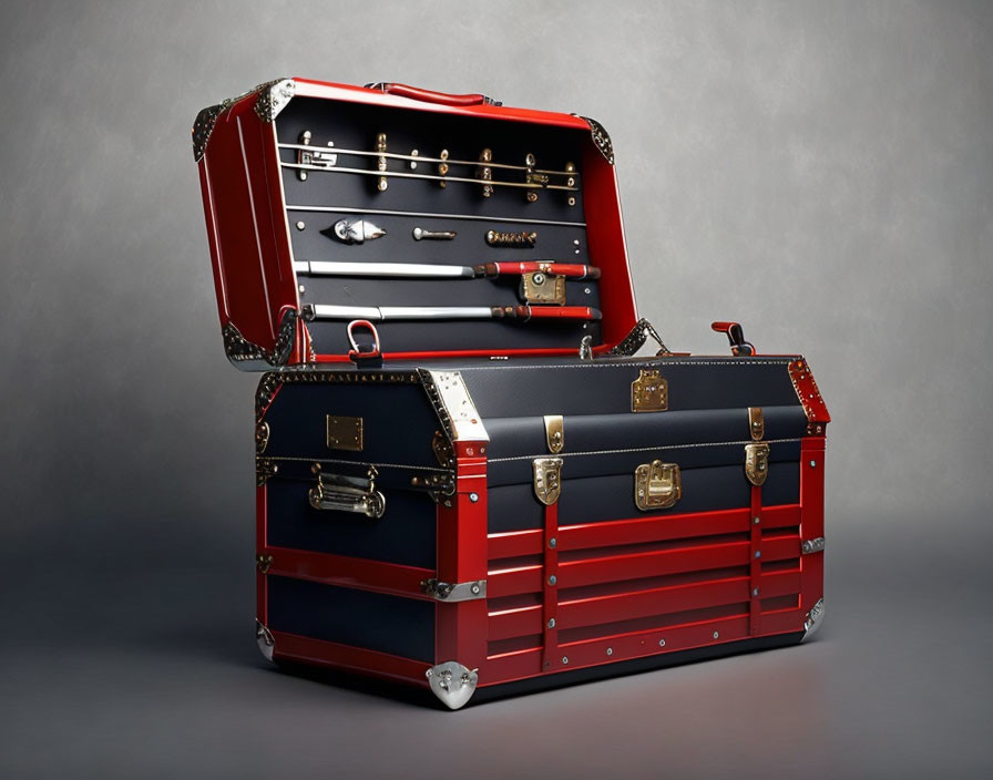 Red and Black Tool Chest with Gold Hardware and Multiple Drawers