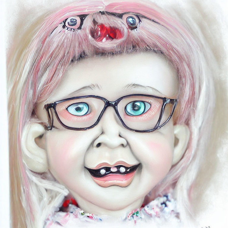 Child's face painting with rosy cheeks, blue eyes, glasses, and pink hair