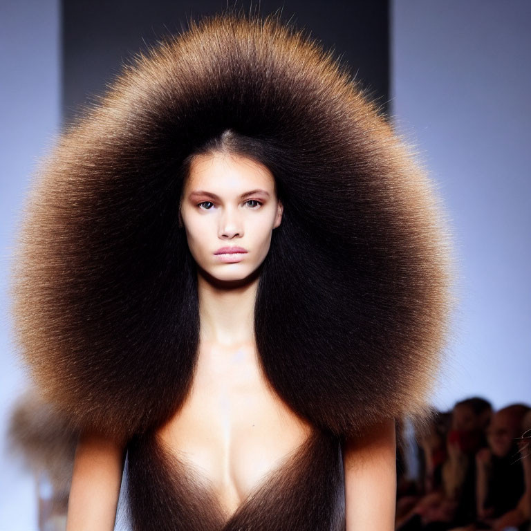 Exaggerated, voluminous hair model on fashion runway