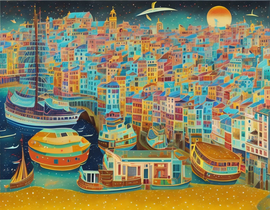 Colorful illustration of seaside town with boats under full moon