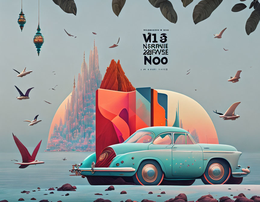 Vintage Car in Surreal Landscape with Birds and City Silhouette