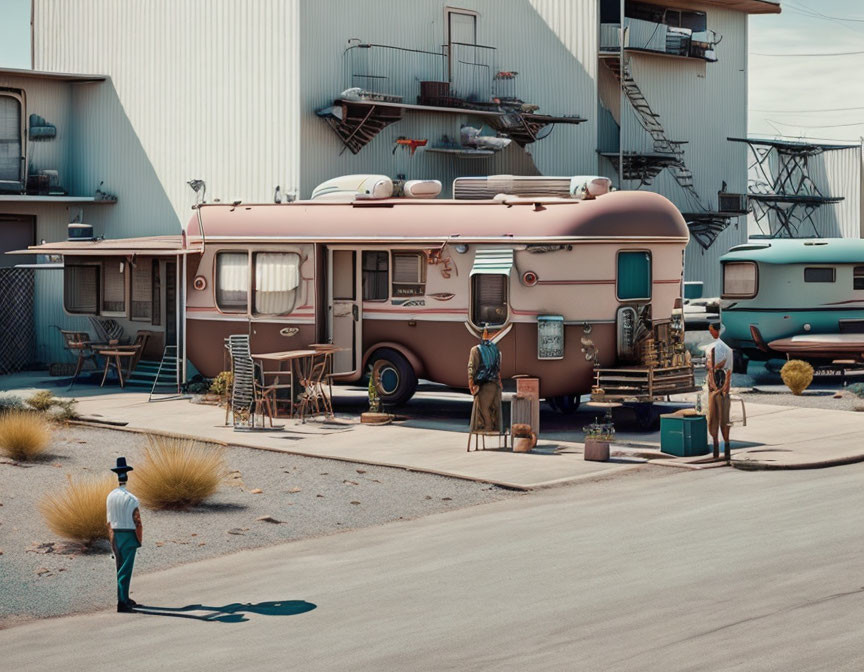 Vintage Pink Trailer with Patio Chairs in Desert Setting