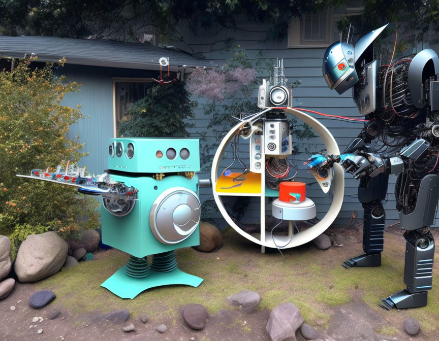 Futuristic robots ironing clothes outside a house