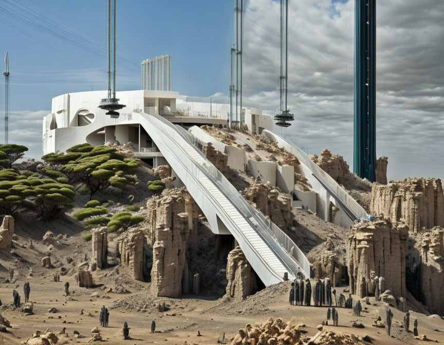 Unique futuristic building on rugged cliffs with long slide, barren landscape, suspended cabins, and unique trees.